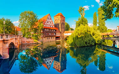 Half-timbered houses on the banks of the Pegnitz River in Nuremberg